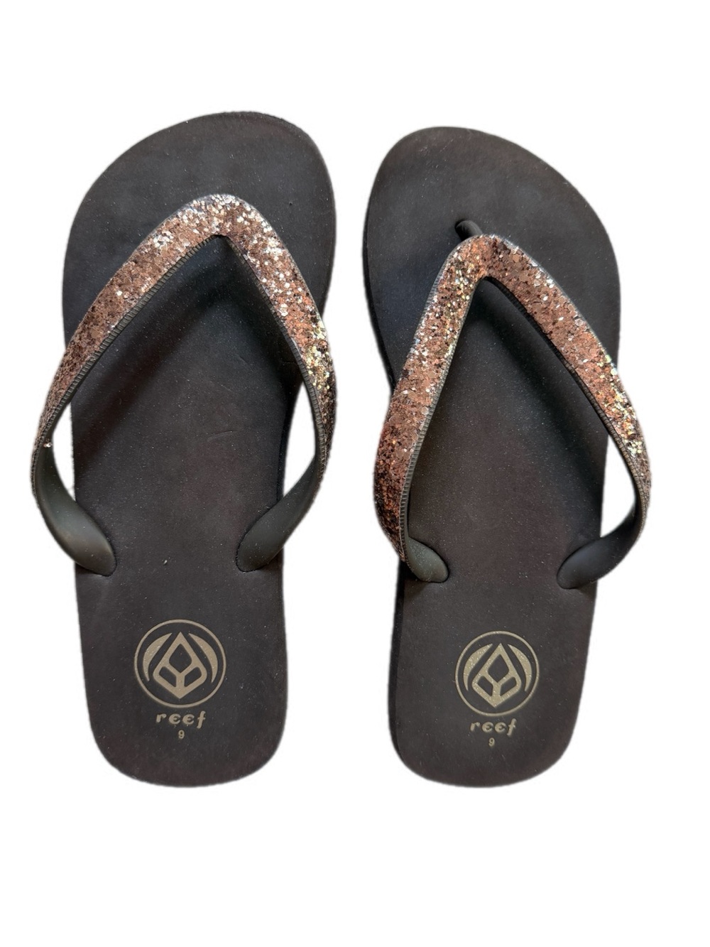Reef Women's Brown stargazer OG Flip Flops with Rose Gold Glitter Straps size 9